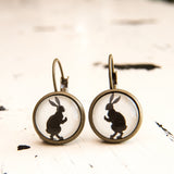 Cabochon Dangly & Stud Earrings / Natural Graphic Dancing Bunny / Black And White