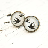 Cabochon Dangly & Stud Earrings / Natural Graphic 2 Swallows / Black & White