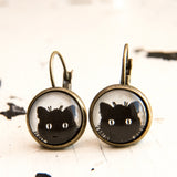 Cabochon Dangly & Stud Earrings / Natural Graphic Black Cat Face / Black And White