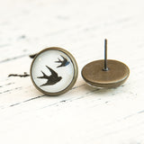 Cabochon Dangly & Stud Earrings / Natural Graphic 2 Swallows / Black & White