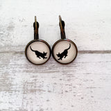 Cabochon Dangly & Stud Earrings / Natural Graphic Black Walking Cat / Black And White
