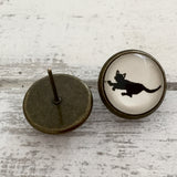 Cabochon Dangly & Stud Earrings / Natural Graphic Black Walking Cat / Black And White