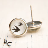 Cabochon Dangly & Stud Earrings / Natural Graphic 2 Swallows / Black & White