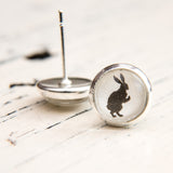 Cabochon Dangly & Stud Earrings / Natural Graphic Dancing Bunny / Black And White