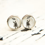 Cabochon Dangly & Stud Earrings / Natural Graphic French Man With An Umbrella / Black And White