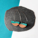 Long Drop Earrings - Semi Circle - Teal and Copper Leaf