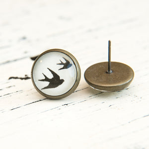 Cabochon Dangly & Stud Earrings / Natural Graphic 2 Swallows / Black & White